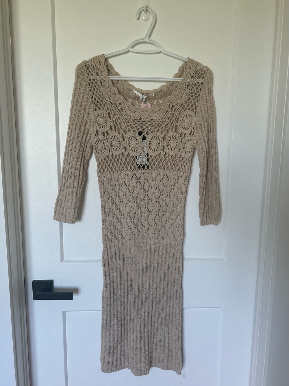 Crochet Knit Beige Midi Dress with Scoop Neck